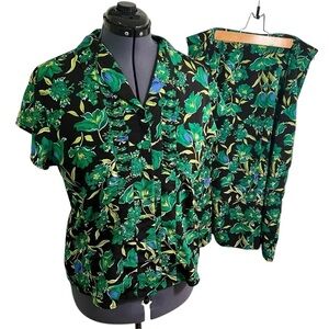 Vintage Sag Harbor Skirt Set Black Green Tropical Floral 16